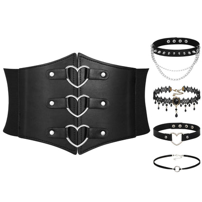 JKEEMI Women Corset Belt With Black Choker Necklace Set, Heart-Ring Wide Elastic Waist Belt Adjustable Gothic Velvet Collar Choker Party Gifts