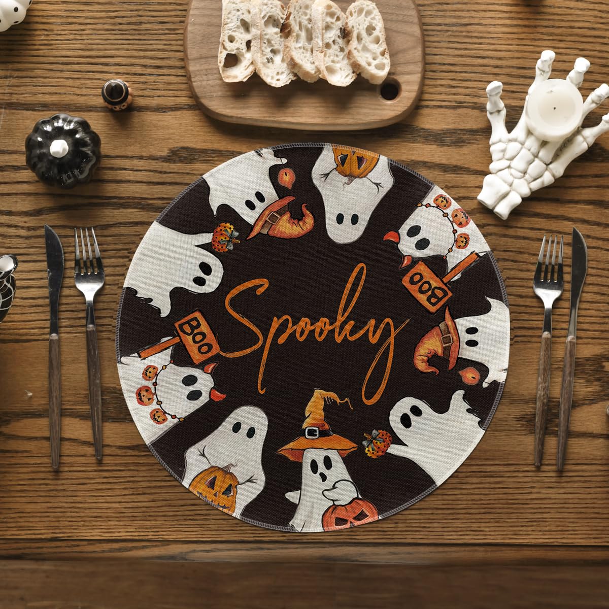Artoid Mode Spooky Ghost Halloween Round Placemats Set of 6, 14 Inch Table Mats for Party Kitchen Dining