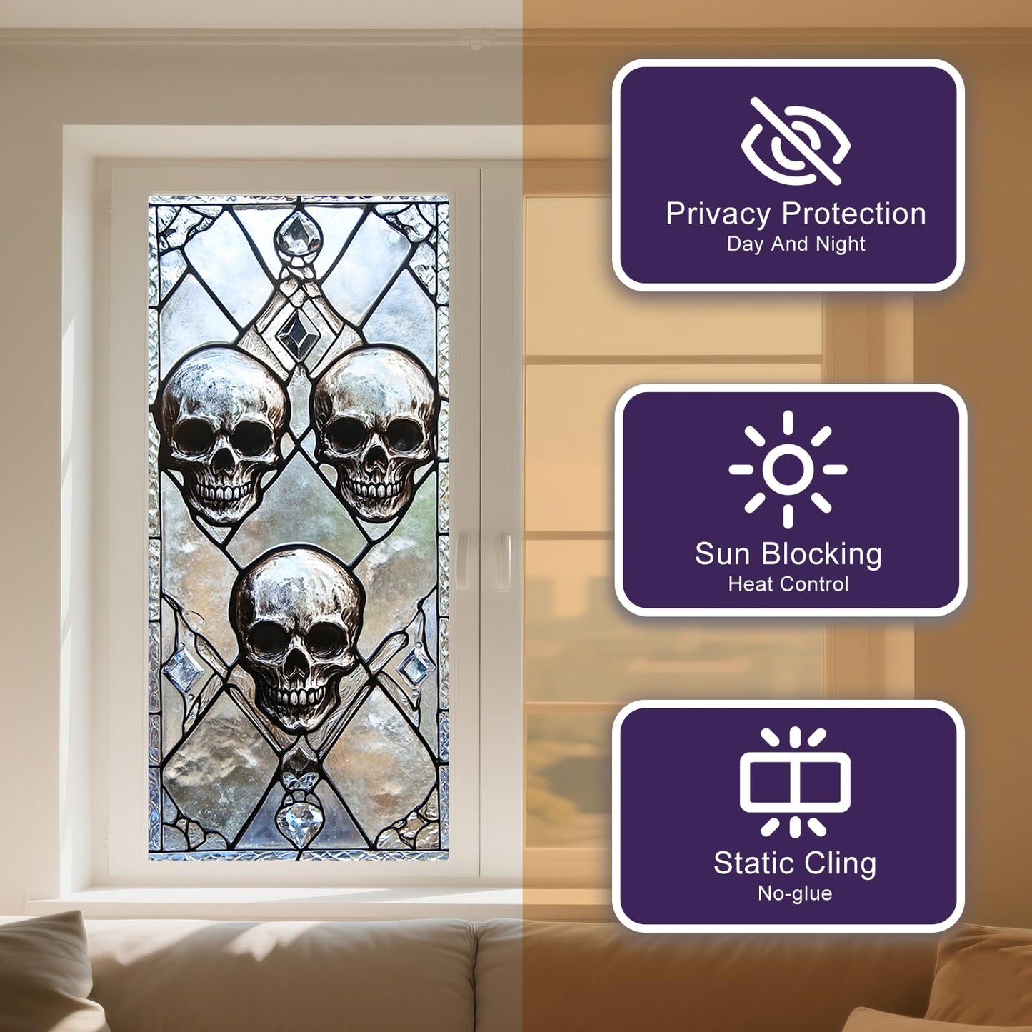IVN Privacy Window Film Decorative Stained Glass Skull Design, Gothic Static Cling Window Film for Living Room Bedroom Door Panel 17.7 x 39.3 Inch