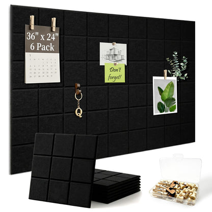 Large Felt Bulletin Board - 36" x 24" Self-Adhesive Felt Wall Tiles, Cork Boards Alternative, 6 Pack with 30 Wooden Pushpins, Cork Boards for Walls, Office & Home Decor, Push Pin Board - Black
