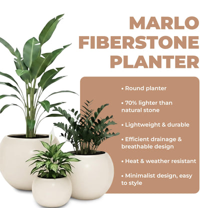 DEPLA LANE Marlo Fiberstone Round Planter (8.5" Pot Opening x 12.6" D x 9.8" H) Smooth Finishes, Lightweight, Durable, UV Resistant, Modern Minimalist Home Decor, Indoor Outdoor Pot (S, Cream White)