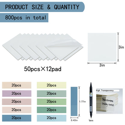 YOUDEFUL 800Pcs Transparent Sticky Notes, 3"x3" Clear Sticky Notes, Waterproof Translucent Sticky Note Pads for Books Annotation, Clear Post it Notes for Bible Study, School, Office（White）