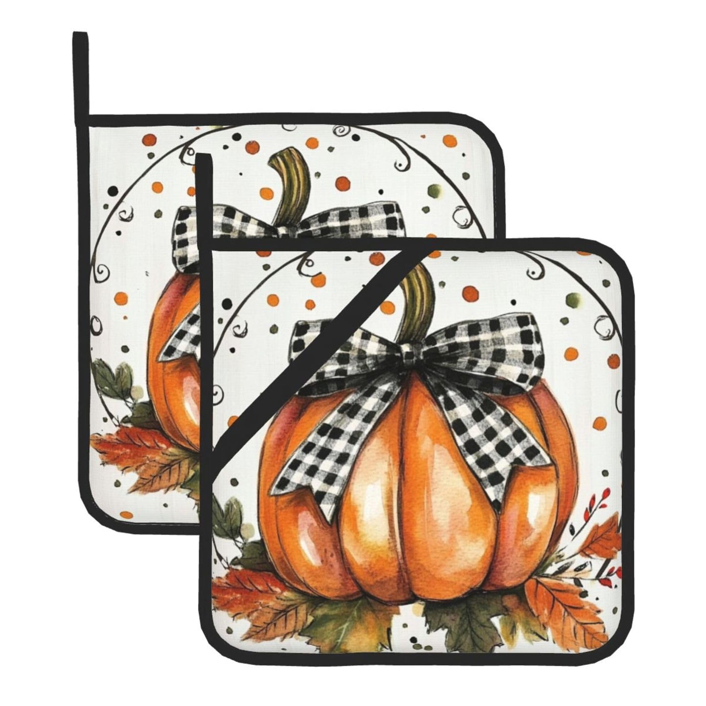Orange Polka Dots Fall Pumpkin Pot Holders Set of 2 Maple Leaves Kitchen Decorative Heat Resistant Potholder Cotton Lining Oven Hot Pads for Cooking Baking Microwave BBQ Holiday Decors