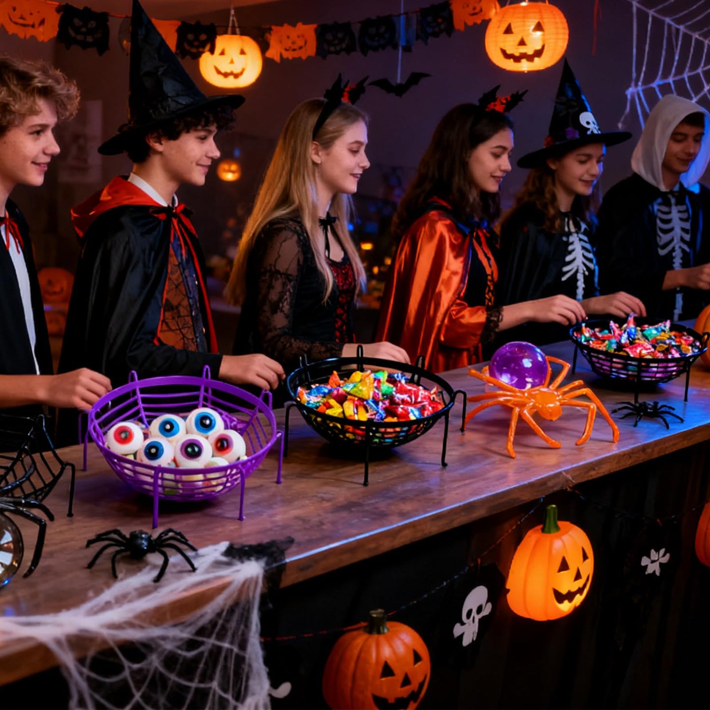 VirgoCCY 9 PCS Halloween Candy Bowl Set, Halloween Decorations, Trick or Treat Party Supplies Indoor Decor Candy Holder, 3 Spider web, 3 Skeleton, 3 Spider, Black/Orange/Purple