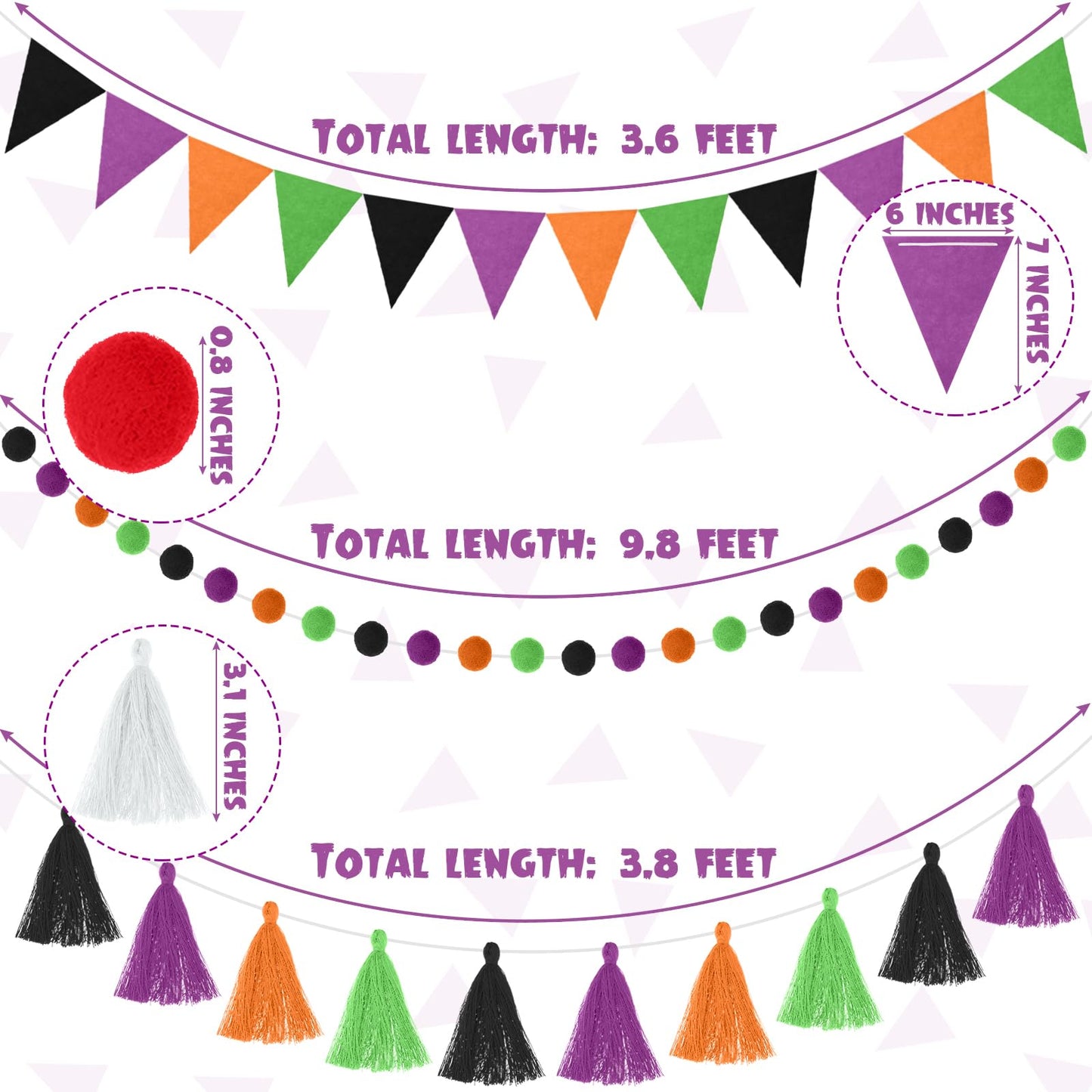 Irenare 9.8 ft Halloween Orange Black Purple Green Pom Pom Garland Felt Fabric Garland Set Colorful Tassel Banner 3.6 ft Felt Pennant Banner for Classroom School Fireplace Birthday Party