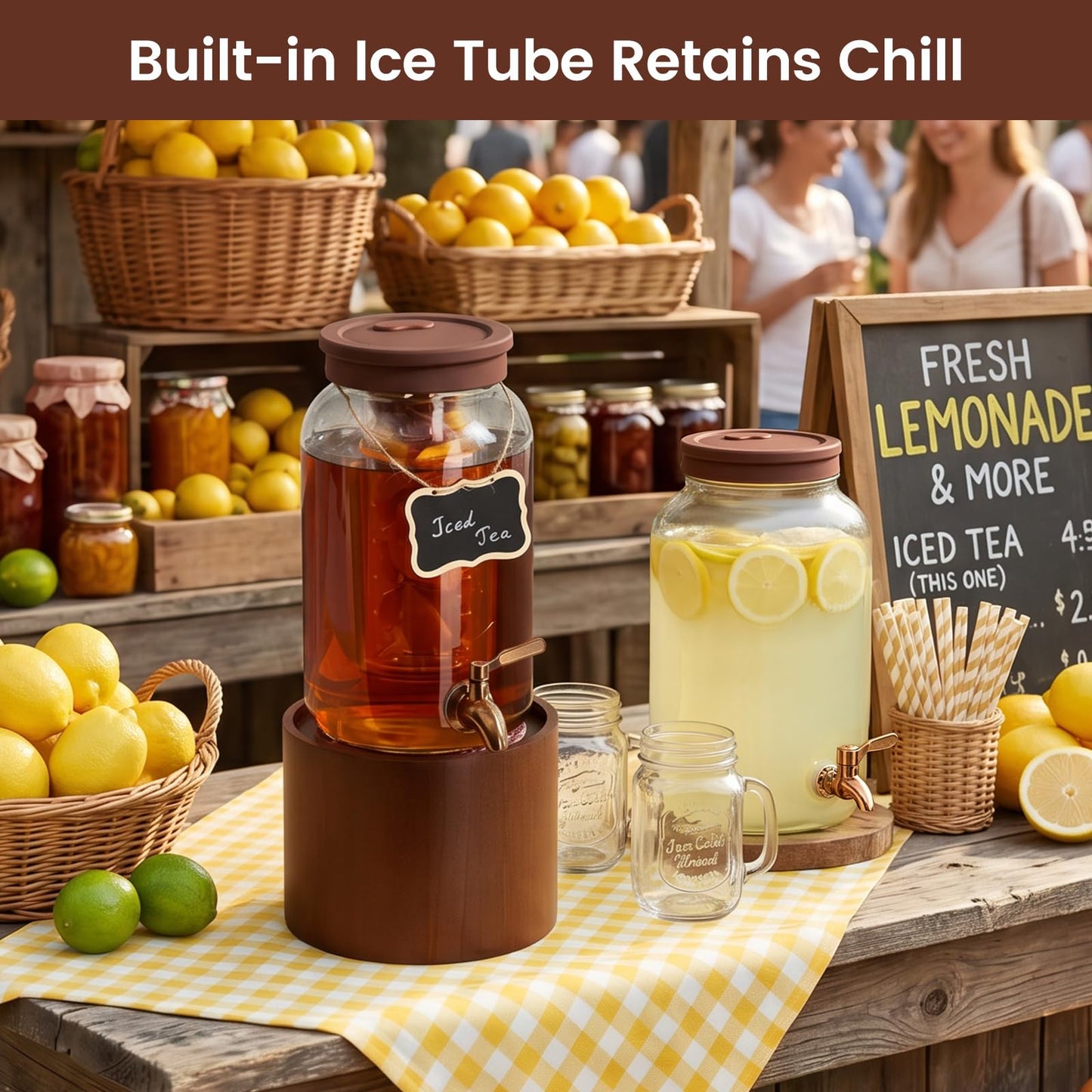 1 Gallon Glass Drink Dispenser for Parties, Beverage Dispenser with Wooden Stand, Silicone Lid and Stainless Steel Spigot, Ideal for Lemonade, Juice, Sun Tea, and Party Drinks