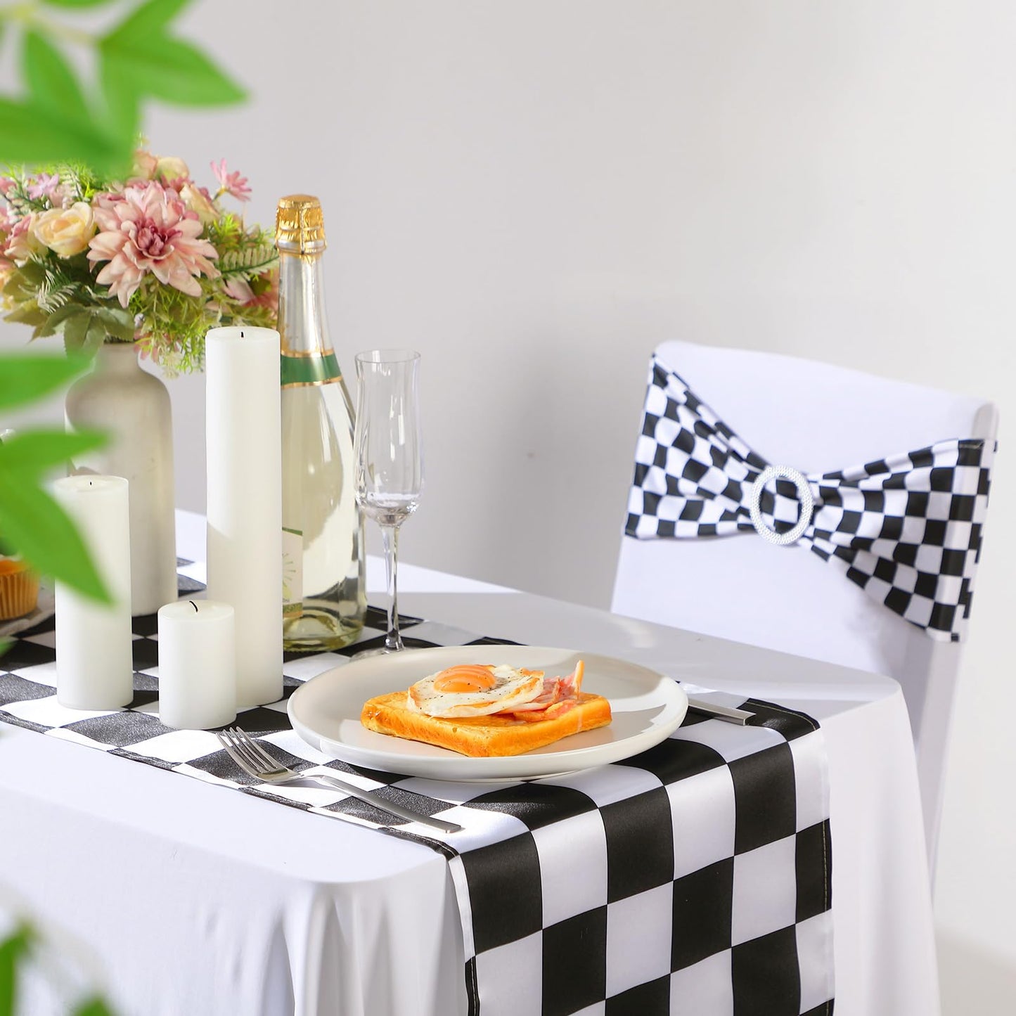 Newwiee 54 Pcs Stretch Chair Sashes with Table Runners, Classic Black and White Chair Bows Sashes Fringe Table Runner for Party Wedding Reception Banquet Decorations (Black and White Checkerboard)