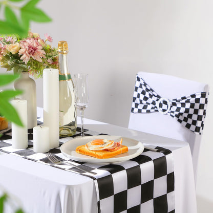 Newwiee 54 Pcs Stretch Chair Sashes with Table Runners, Classic Black and White Chair Bows Sashes Fringe Table Runner for Party Wedding Reception Banquet Decorations (Black and White Checkerboard)