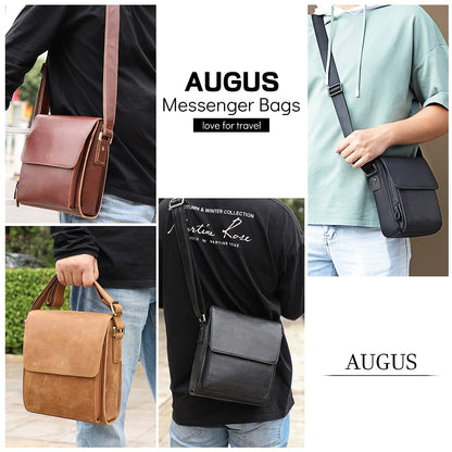 Augus Leather Messenger Shoulder Crossbody Bag for Men Work Business Vintage Magnetic Buckle Big Capacity Adjustable straps (Brown red)