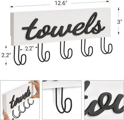 Mkono Towel Holder Wall Mounted Towel Rack Bathroom Decor Rustic White Wood Towel Hooks to Hang Towels Bathroom Robe Coat Clothing, Bath Towel Hanger Storage Home Decor Organizer,Small