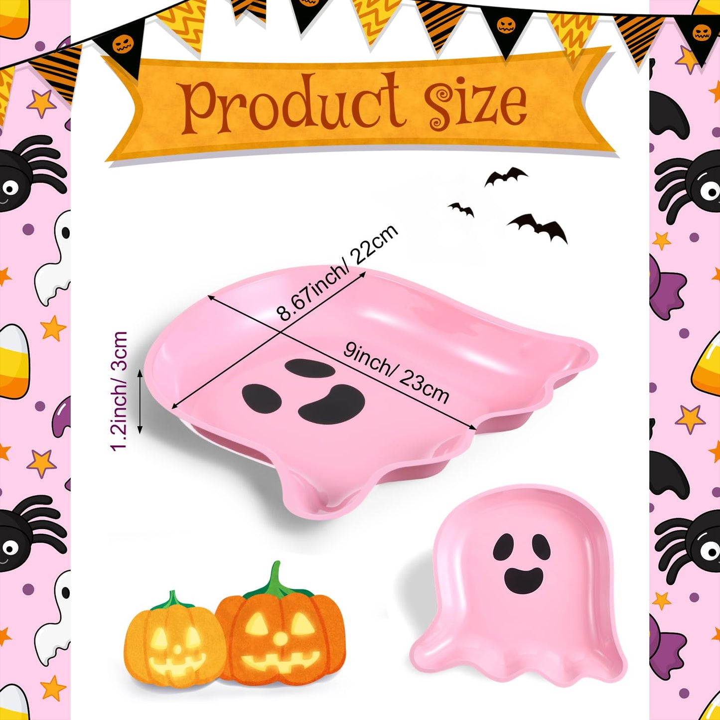 Sawysine 24 Pieces Halloween Party Serving Trays, Plastic Orange Pumpkin Black Cat White Ghost Plates Halloween Party Tableware Supplies for Holiday Decorations(Pink,Ghost)