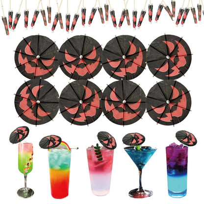 140 Pcs Halloween Pumpkin Cocktail Umbrella Picks - Spooky Fun Drink Stirrers, Fruit Cupcake Toppers for Festive Parties & Decorations (Red-Black)