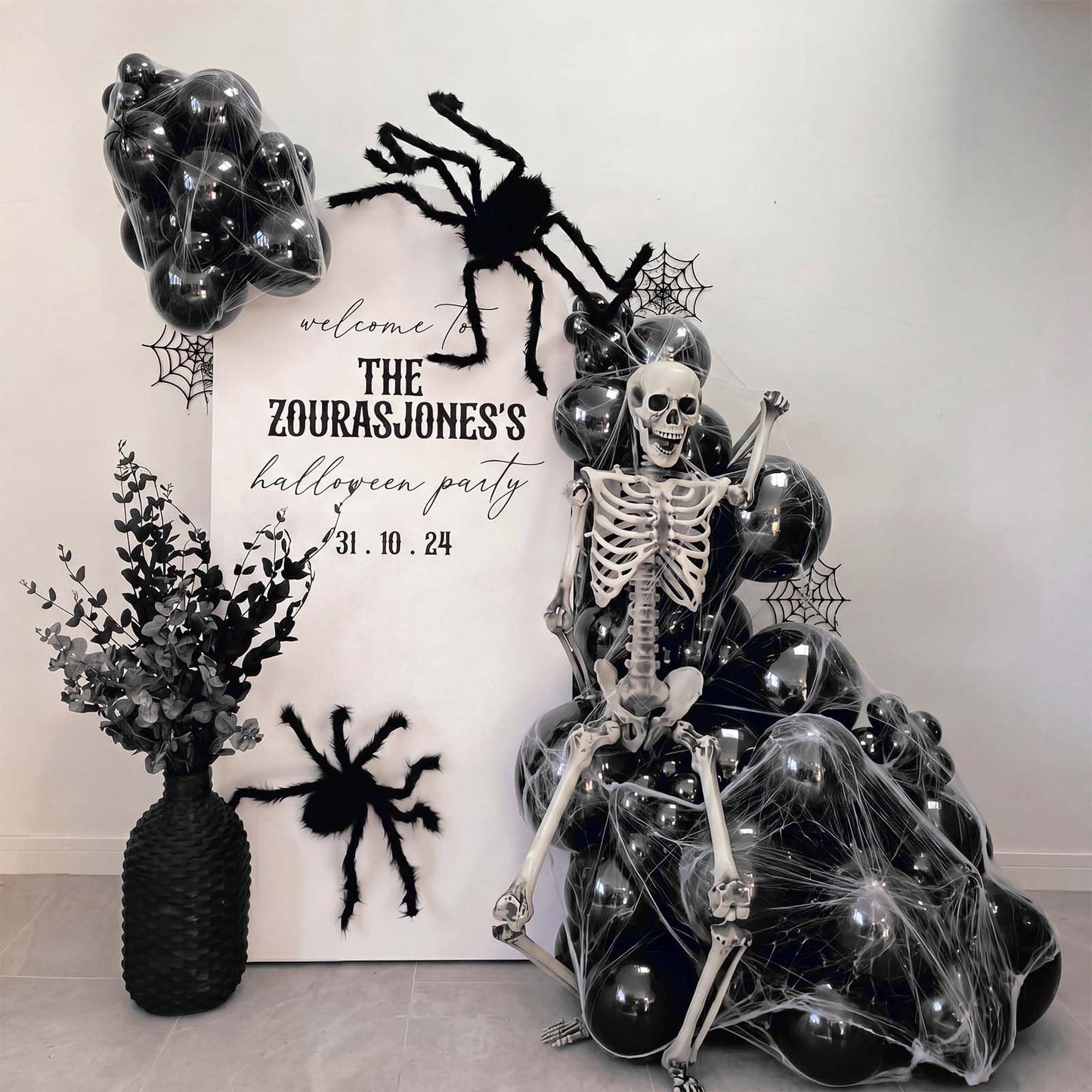 Gejoy 113 Pcs Halloween Balloon Garland Arch Kit with Spider Web and Spiders Spooky Halloween Party Decorations Black Latex Balloons Set Scary Birthday Backdrop for Haunted House Horror Party Supplies