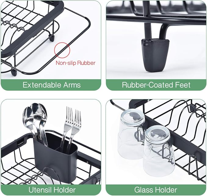 TOOLF Expandable Dish Drying Rack Over The Sink Adjustable Dish Rack in Sink Or On Counter Dish Drainer with Utensil Holder Rustproof for Kitchen