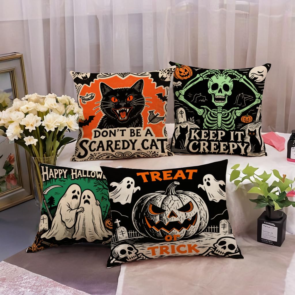 Halloween Decor Throw Pillow Covers 18x18 inch Black Orange Ghost Cat Skeleton Pumpkin Cushion Cases 4 Pack Fall Happy Halloween Seasonal Autumn Home Decor Pillowcases for Sofa Couch Patio(Orange)