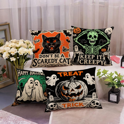 Halloween Decor Throw Pillow Covers 18x18 inch Black Orange Ghost Cat Skeleton Pumpkin Cushion Cases 4 Pack Fall Happy Halloween Seasonal Autumn Home Decor Pillowcases for Sofa Couch Patio(Orange)
