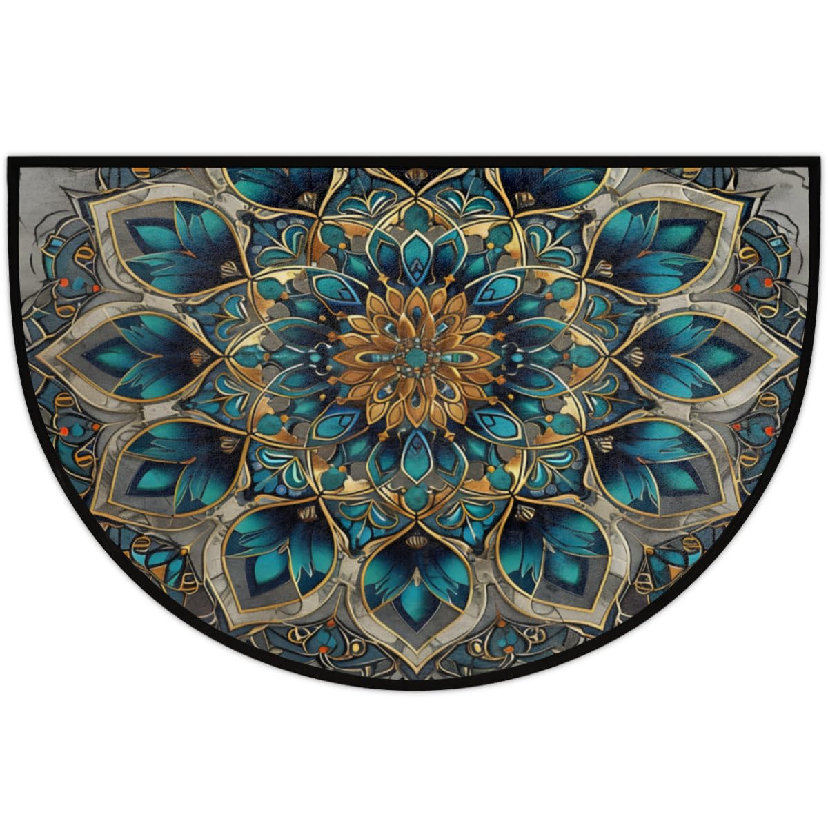 Turquoise Mandala Half Round Door Mat Indoor Entrance Semi Circle Area Rugs