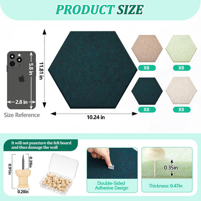 Mindsoft 32 Pcs 12'' x 10' Hexagon Felt Cork Board Tiles with 50 Wooden Push Pins, Felt DIY Bulletin Board with 4 Tape for Office School Home Wall Decor Stickers Memos Photos Display