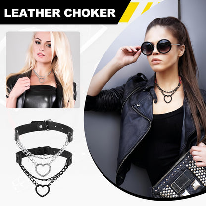 MECCANIXITY PU Leather Chokers, Love Heart Chokers Collar Necklace Gothic Punk Grunge Emo Necklace Gothic Jewelry Accessories Adjustable PU Collar for Women, Black/Silver Black, 2Pcs