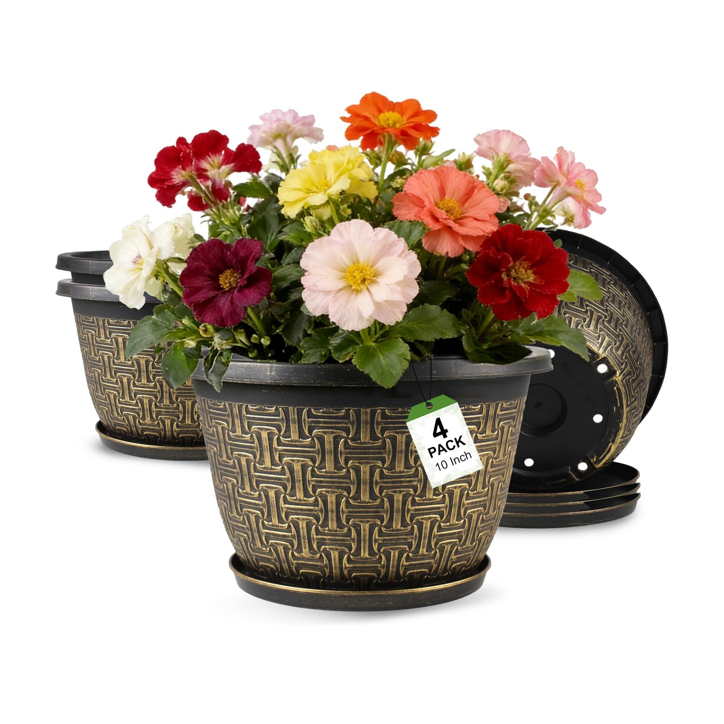 Nooulap 10 Inch 4 Pack Flower Pots for Outdoor, Plant Pots Outdoor with Drainage Holes and Trays, Retro Antique Imitation Plastic Garden Pots for Planter Indoor (Gold)