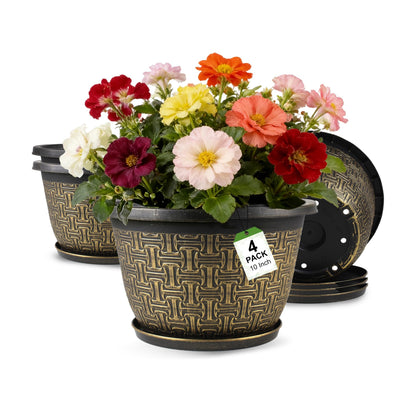 Nooulap 10 Inch 4 Pack Flower Pots for Outdoor, Plant Pots Outdoor with Drainage Holes and Trays, Retro Antique Imitation Plastic Garden Pots for Planter Indoor (Gold)