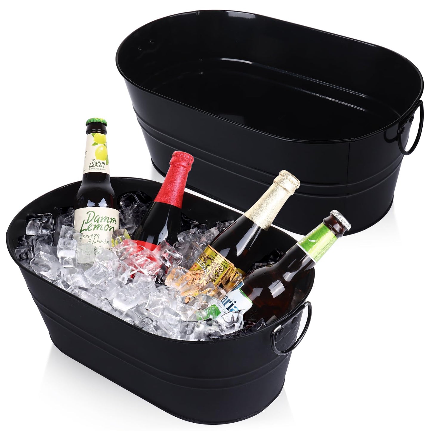 Galvanized Tub Beverage Tubs, 2pcs Metal Ice Buckets for Cocktail Bar 3 Gallon Wine Beer Drink Buckets with Handles Large Tub Cooler Mimosa Bar Supplies Ice Bucket for Parties 15x9.6x6inch (Black)