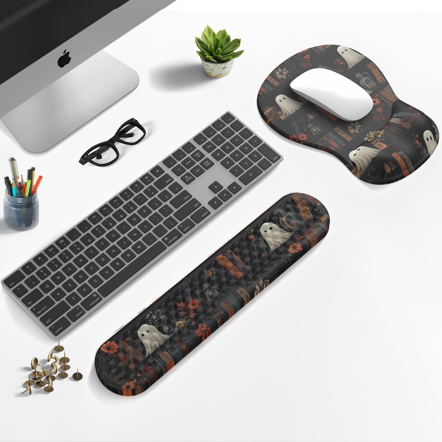 Ghost Book Mousepad with Wrist Rest Halloween Computer Keyboard Mouse Pad Black Cute, Mouse Pad with Wrist Rest for Computer Keyboard, 2 In1 Mousepad with Wrist Support Easy Typing&Relieve Wrist Pai