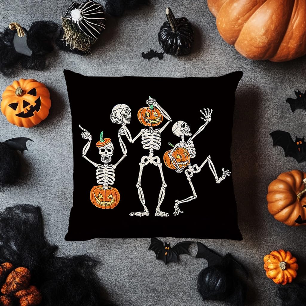 Halloween Pillow Covers 16 x 16 Inch Set of 2 Skeleton Skull Pumpkin Couch Throw Pillow Covers Decorative Pillow Case Cushion Case for Chair Sofa Bedroom Living Room Halloween Home Decor Black
