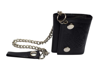 MARSHAL Men's Genuine Leather Black Trifold Wallet with Chain Biker Trucker Motorcycle (Eagle Black)
