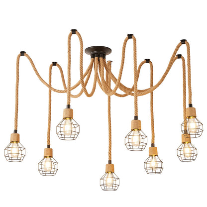 Hodevimall Spider Chandeliers, 8 Arms Industrial Spider Ceiling Light Fixture Hanging Hemp Rope DIY Adjustable 8-Light Steampunk Chandelier for Kitchen Island, Living Room, Entryway, Dining Room, Bar