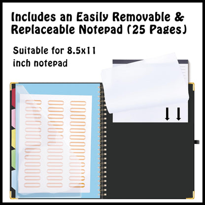 HAUTOCO Clipboard Folio with Refillable Lined Notepad for Letter Size (11" x 8.5"), 5 Dividers with 10 Pockets, Elastic Pen Holder and File Folder Labels, Spiral Nurse Clipboard Artboard(Black)