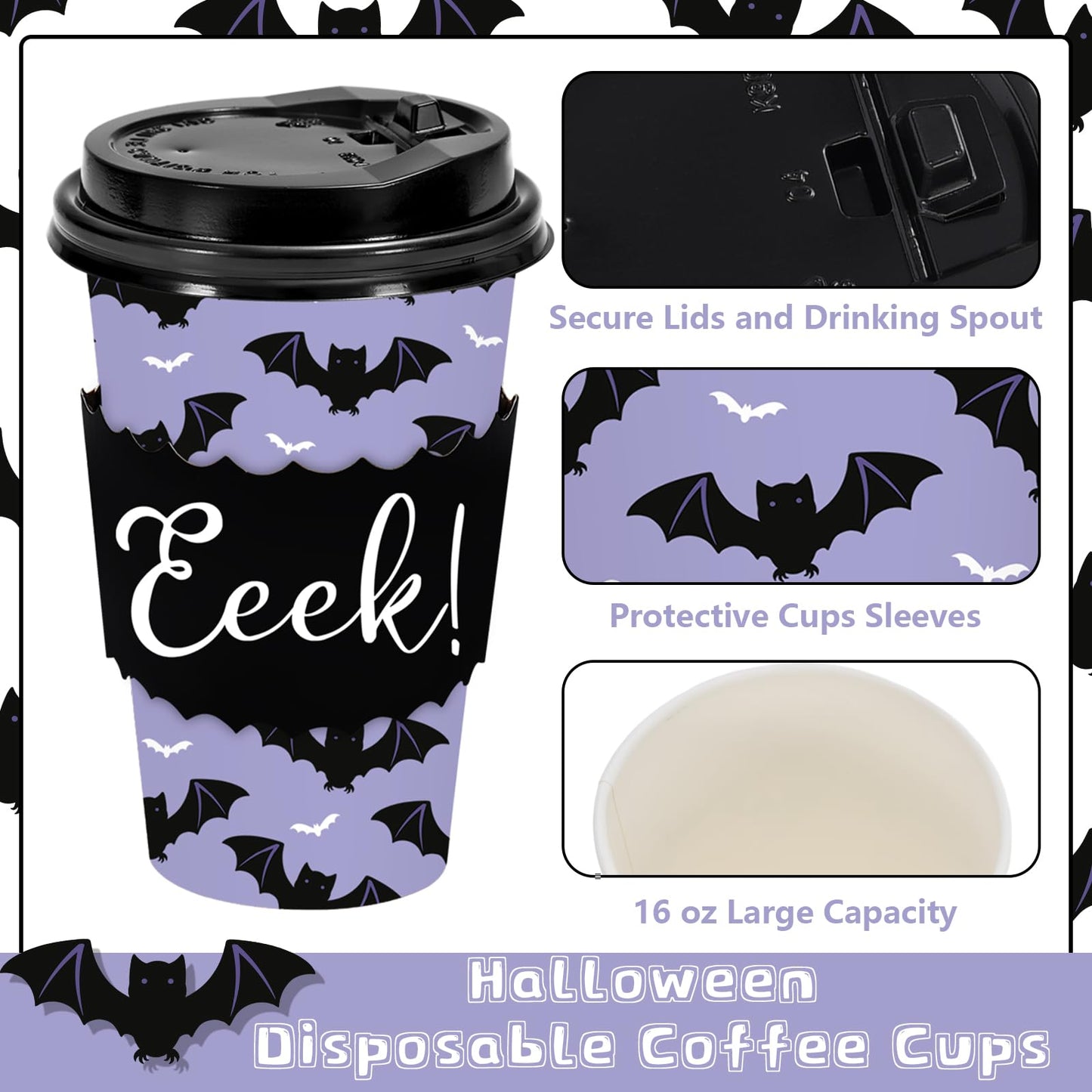 JarThenaAMCS 50 Set Halloween Disposable Coffee Cups with Lids Sleeves Purple Black Bat Drinking Cup Spooky Paper Cup for Halloween Party Supplies