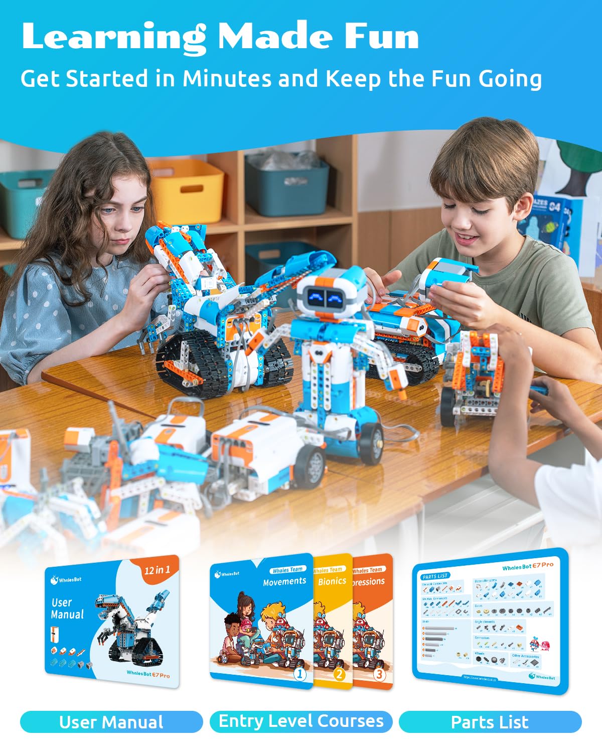 WhalesBot E7 Pro Coding & Remote Control Robot Kit for Kids 8+, Scratch & Modular Programming, Educational Engineering Science Toy Set with Smart Controller/Sensors/Motors for Kids Ages 8-12, 12-16