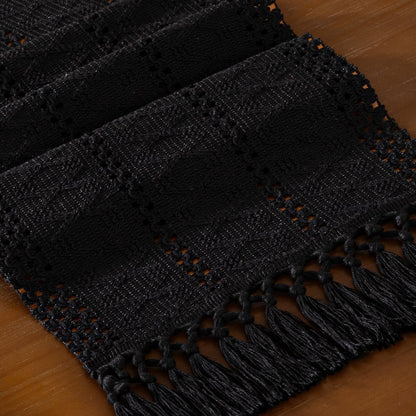 DeZerlor Boho Macrame Table Runner Spring Easter Farmhouse Woven Table Runner with Tassels 90 Inches Halloween Black Cotton Linen Kitchen Table Decor for Dining Dresser Home Tea Table Decor
