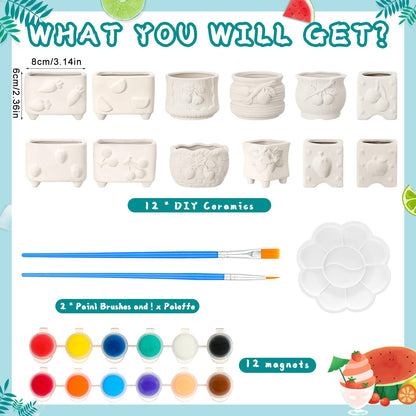 Hushee 12 Sets Ceramic Succulent Planters Paintable Succulent Plant Pots Small DIY Figurines Unpainted Pots with Drainage Hole Color Paints Paintbrushes Palettes(Fruit)