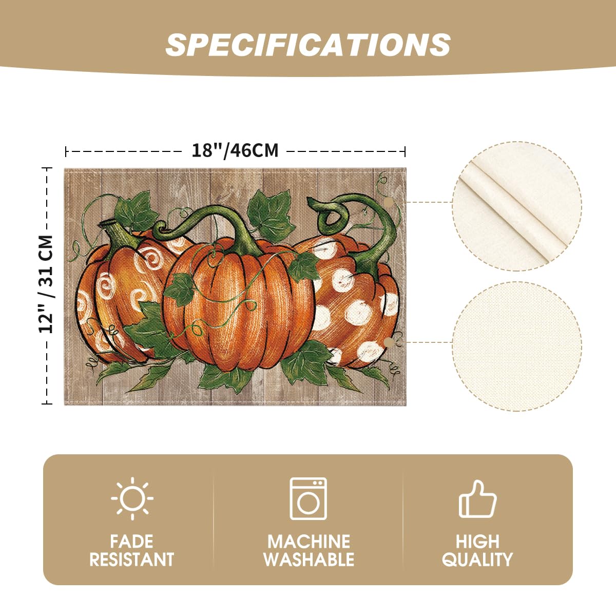 Artoid Mode Wood Polka Dot Pumpkins Fall Placemats Set of 6, 12x18 Inch Seasonal Table Mats for Table Runner Party Kitchen Dining Decoration