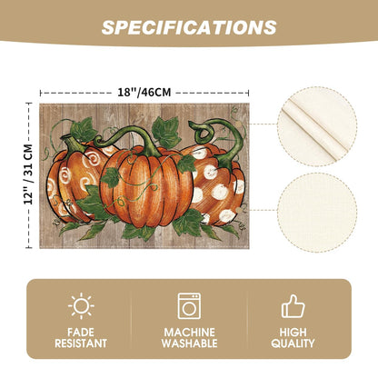 Artoid Mode Wood Polka Dot Pumpkins Fall Placemats Set of 6, 12x18 Inch Seasonal Table Mats for Table Runner Party Kitchen Dining Decoration