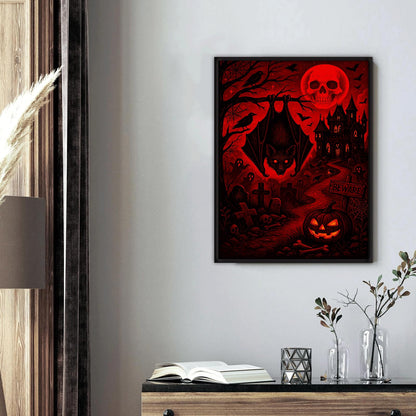 Halloween Gothic Framed Wall Art, 16x12 Vertical Black Frame, Haunted Castle Skull Moon Bat Graveyard Ink Print for Spooky Home Decor