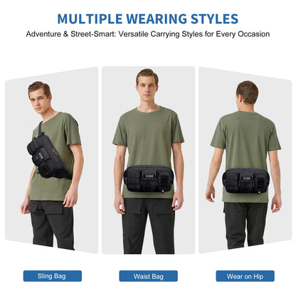 WITZMAN Fanny Pack for Men Fashion Waist Zipper Pack Bags Mens Belt Bag with Multi-pocket for Traveling Daily Walking（B733 Black）