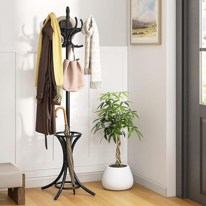 Giantex Solid Wood Coat Rack, Freestanding Hall Tree w/12 Hooks, Umbrella Holder, Entryway Hanger Stand for Coat, Hats, Scarves, Bags, Wooden Garment Rack for Bedroom, Hallway (Black)