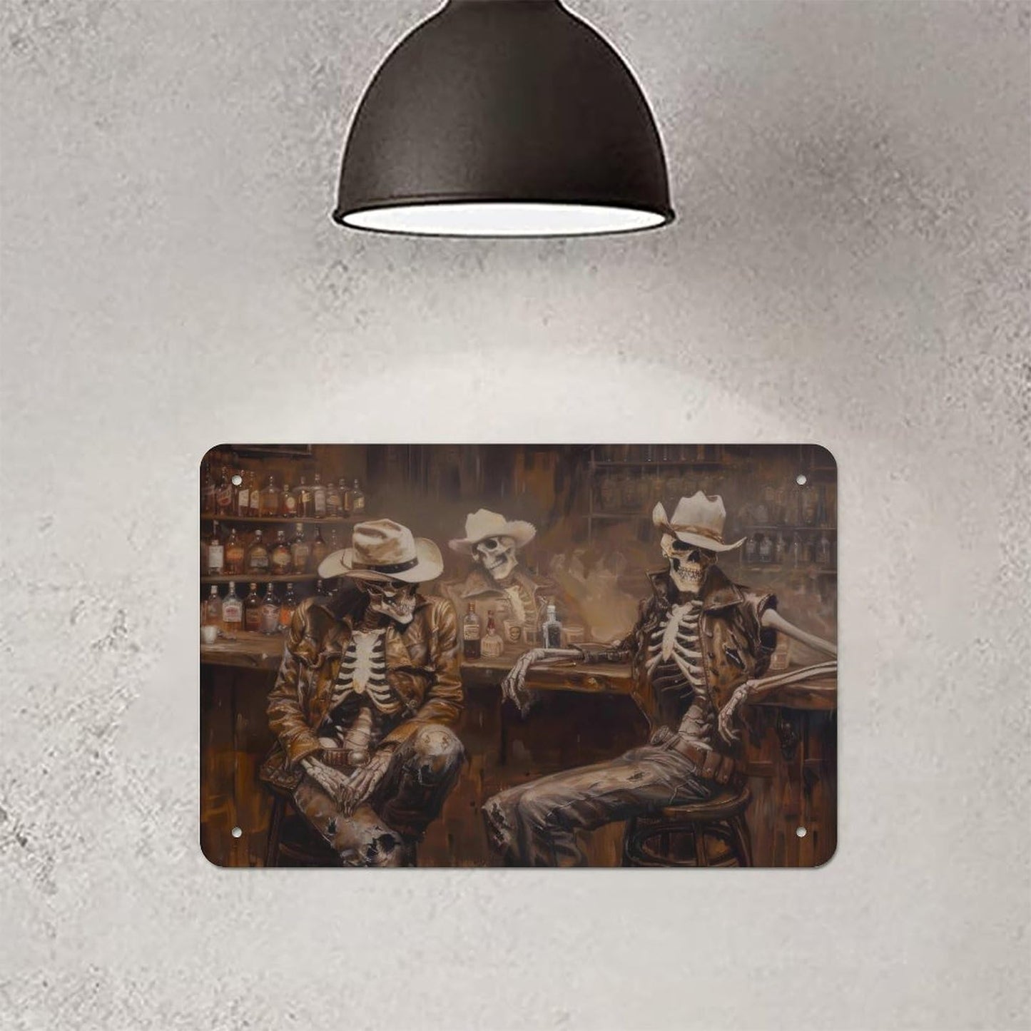 Metal Sign Poster 8x12 Inch Wild West Skeleton Cowboy in A Bar Oil Painting Print Western Wall Art Road Trip Gift Southwestern Cowboy Art Decor