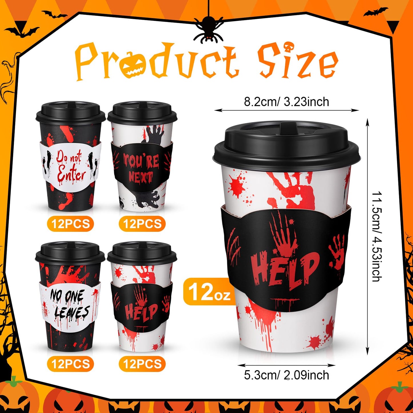 MotiMind 48 Set Halloween Disposable Coffee Cups with Lids & Sleeves 12 oz Halloween Hot Cold Beverage Paper Cups Bulk for Holiday Coffee Drinking Party Supplies Decorations(Black and Red,Blood)