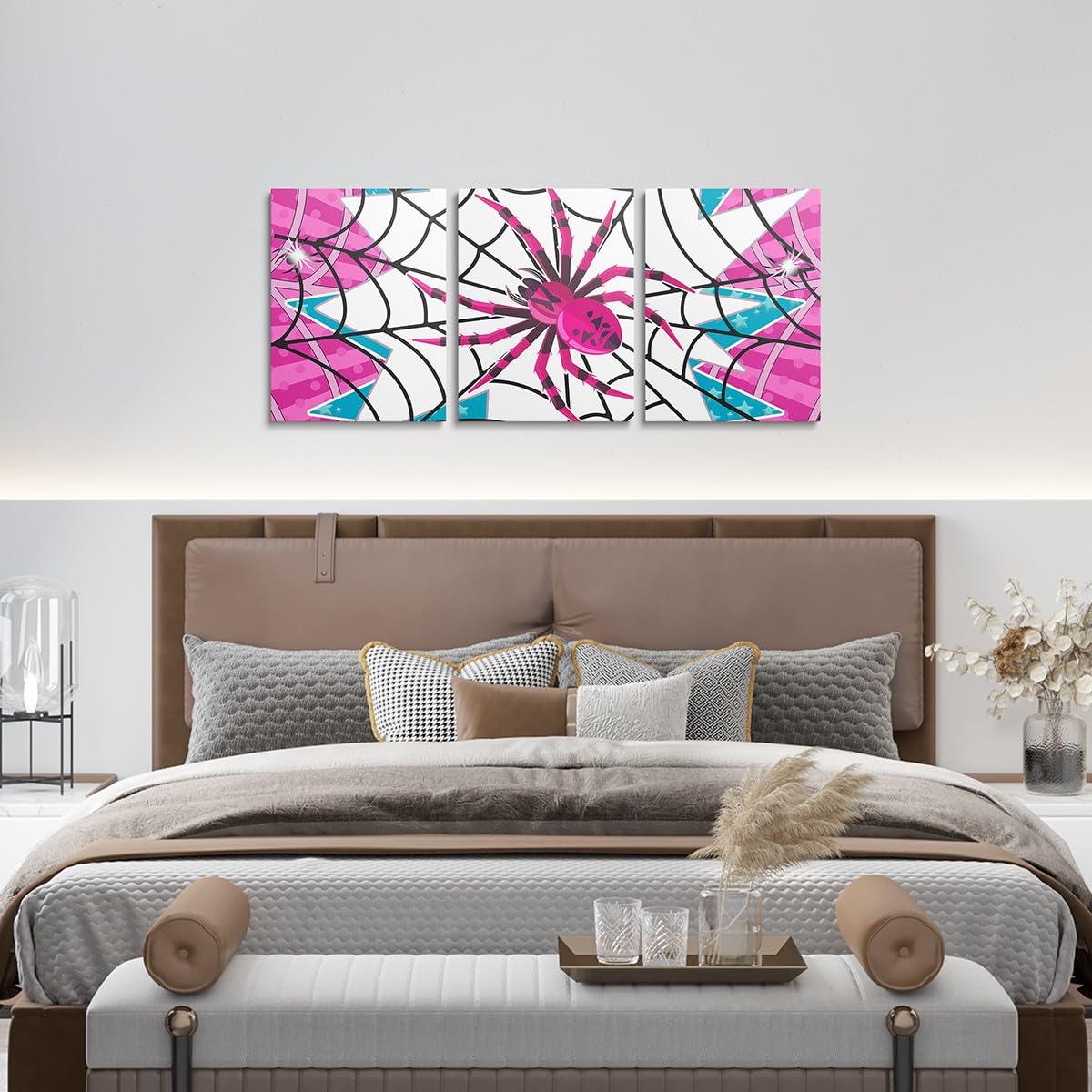 Pink Spider Canvas Wall Artwork Decor,Black Spider Web Halloween Gothic Trippy Girls Boys Bedroom Wall Painting,Stars Stripe Geometric Poster Pictures,Unique 3 Pieces Framed Canvas Wall Art