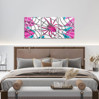 Pink Spider Canvas Wall Artwork Decor,Black Spider Web Halloween Gothic Trippy Girls Boys Bedroom Wall Painting,Stars Stripe Geometric Poster Pictures,Unique 3 Pieces Framed Canvas Wall Art