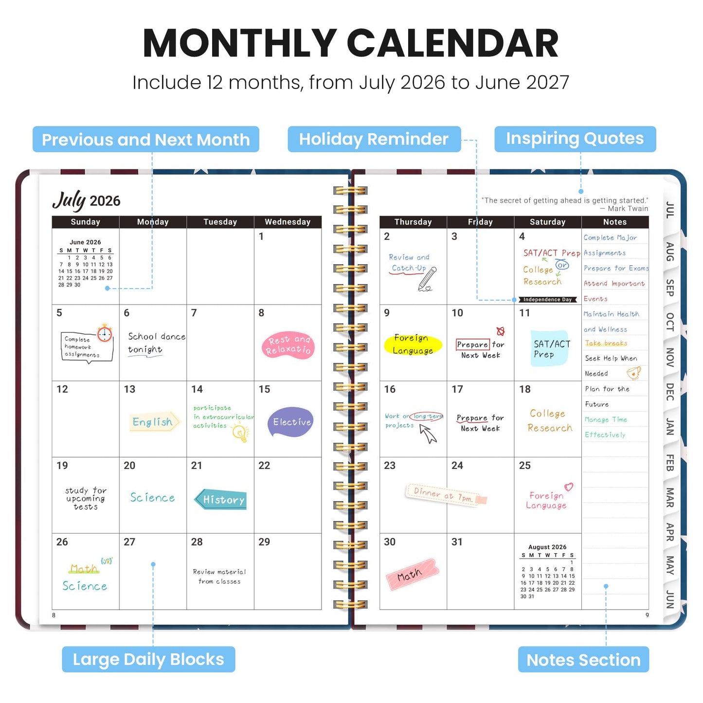 Academic Planner 2026-2027, Monthly and Weekly Calendar Planner, July 2026 - June 2027, Pretty Hardcover Teacher Student Planning Agenda Book with Tabs, Fit for School Office Supplies, 6.3" x 8.5", Star Riders