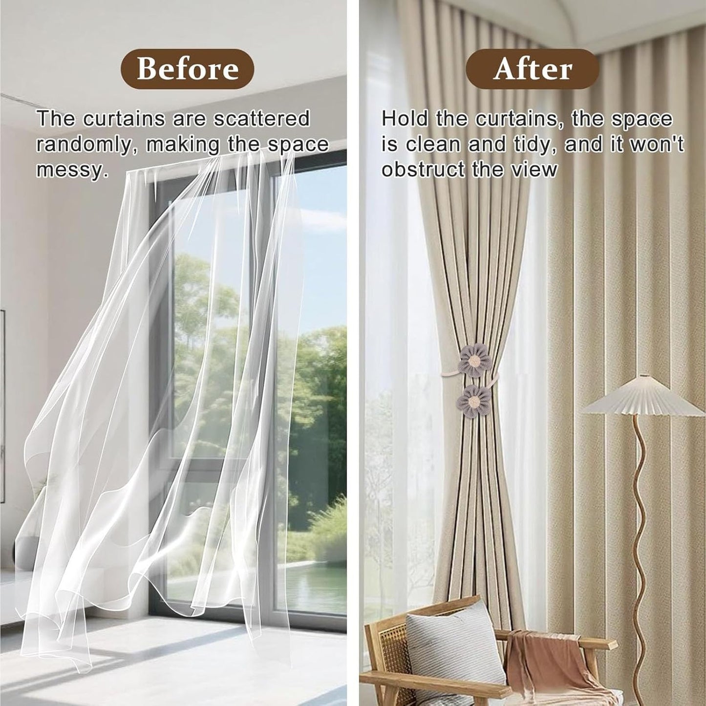 GDFYMI 4 Pack Flower Curtain Tiebacks, Rope Curtain Tiebacks Boho Style, Simple Elegant DIY Curtain Holdbacks, Curtain Tie Backs for Home Office Bedroom Nursery Farmhouse Decor (Grey)