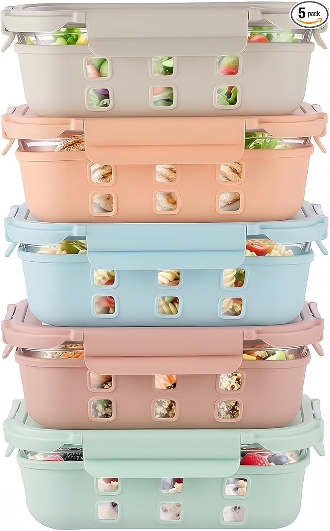 GENICOOK Glass Meal Prep Containers 5 Pack, 4.4 Cup Airtight Leakproof Lids, Borosilicate Glass Food Storage Containers, Microwave Oven Freezer Safe, BPA Free Lunch Containers