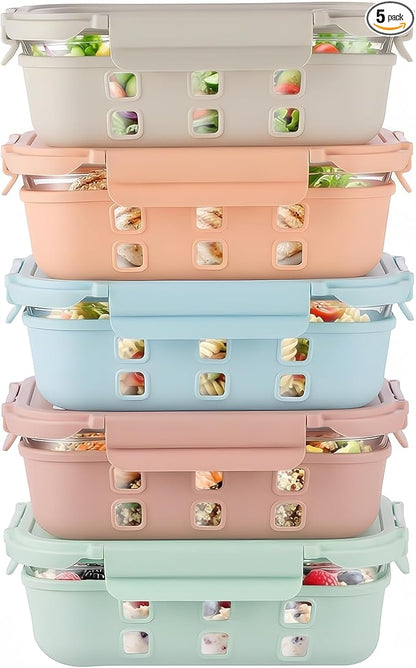 GENICOOK Glass Meal Prep Containers 5 Pack, 4.4 Cup Airtight Leakproof Lids, Borosilicate Glass Food Storage Containers, Microwave Oven Freezer Safe, BPA Free Lunch Containers