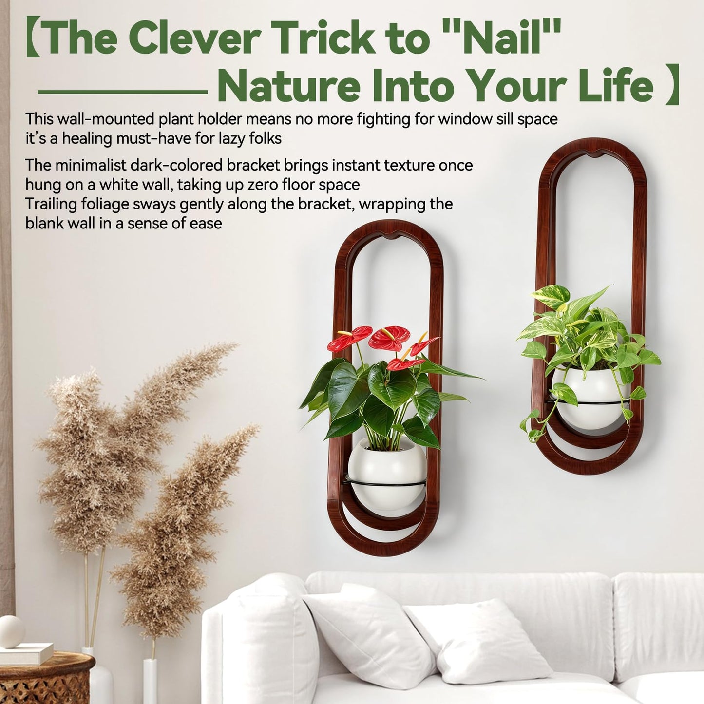 JOJOCY Wall-Mounted Modern Oval Wooden Vase 2PCS, Oval Hanging Plant Stand with Ceramic Pots for Indoor Living Room Bedroom Decor (Walnut Wood)