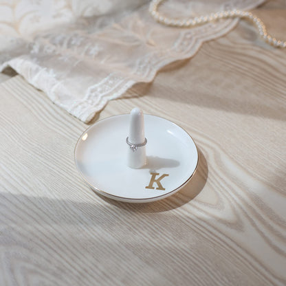 HOME SMILE Initials Ring Holder Jewery Tray with personalized K-Monogrammed Engagement Gifts for Friends,Birthday Mother's Day Christmas Gifts for Women,Ceramic White